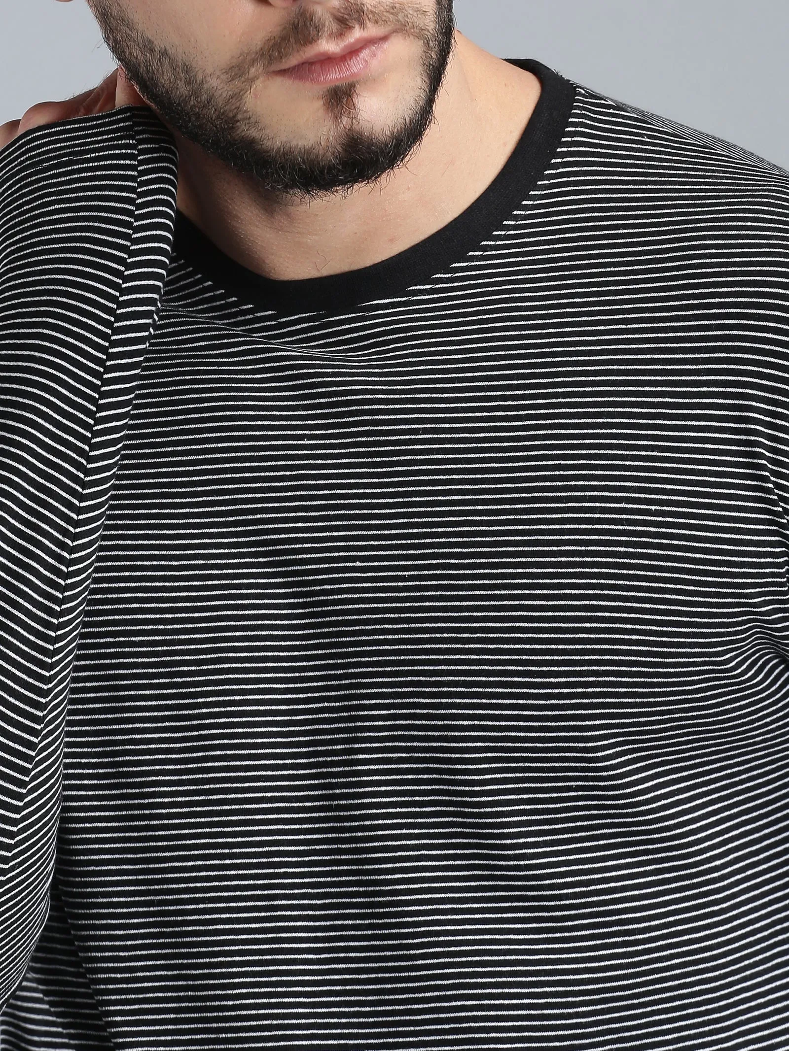 Men Black White Yarn Dyed Stripes Round Neck Recycled Cotton Full Sleeve Regular Fit Casual T-Shirt