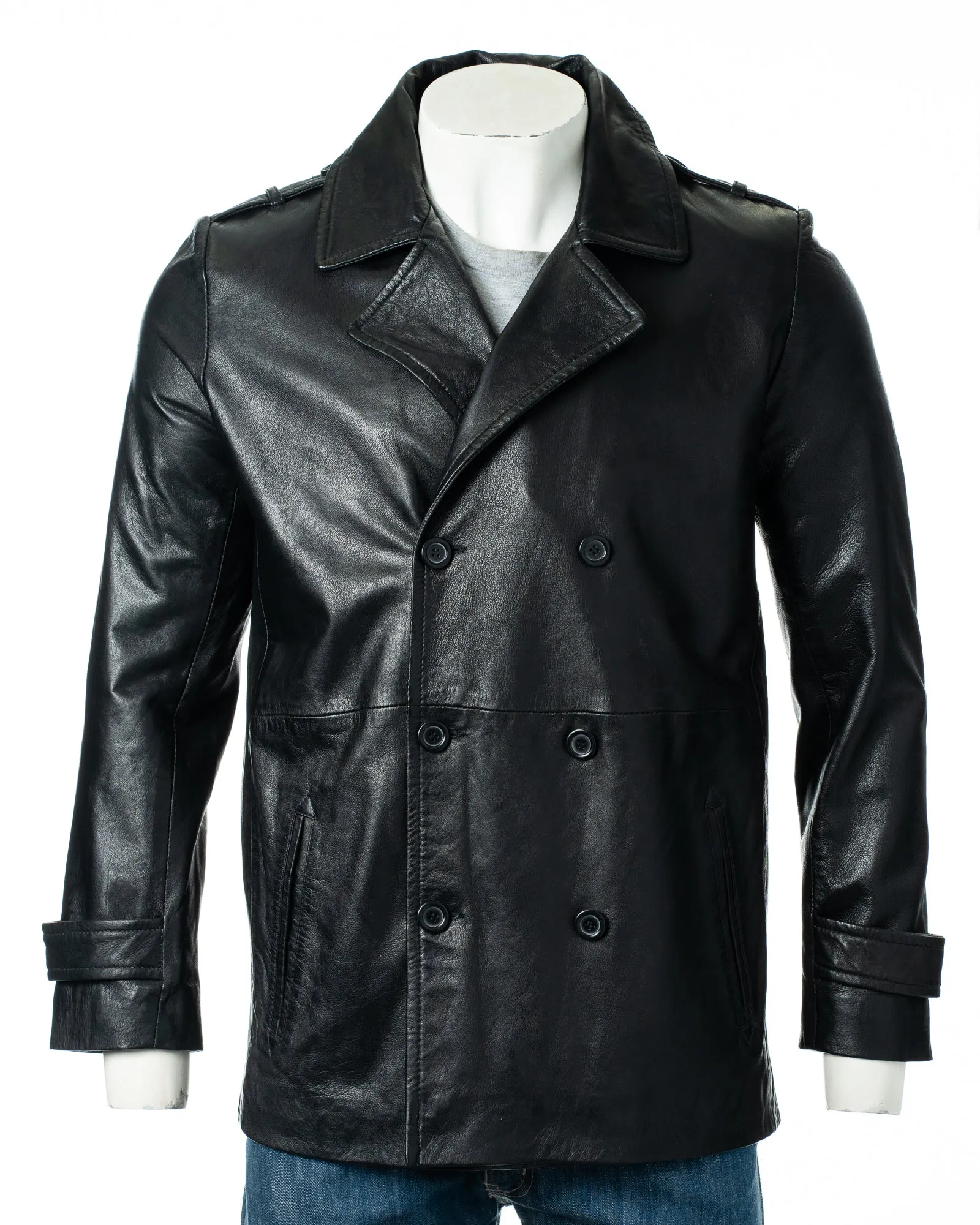 Men's Black Leather Peacoat: Guistino