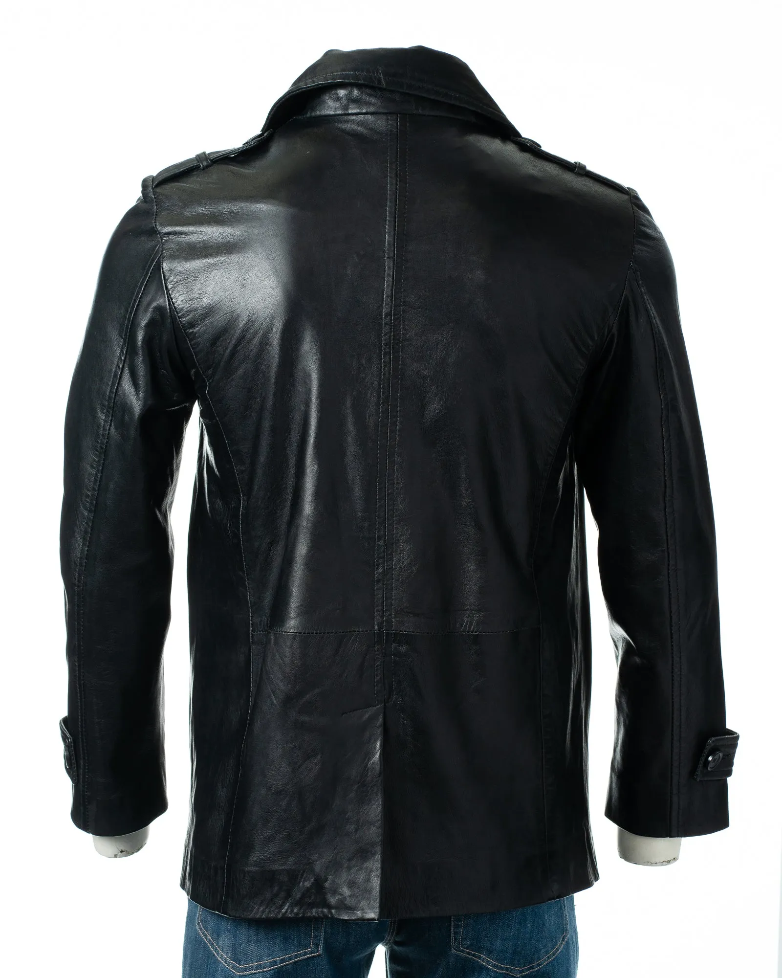 Men's Black Leather Peacoat: Guistino