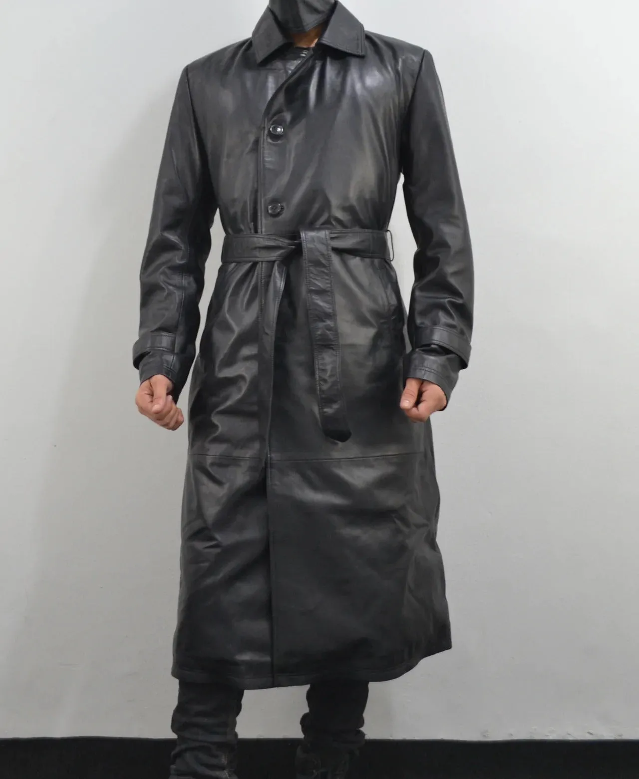 Men's Slim Fit Classic Black 100% Real Soft Leather Trench Coat