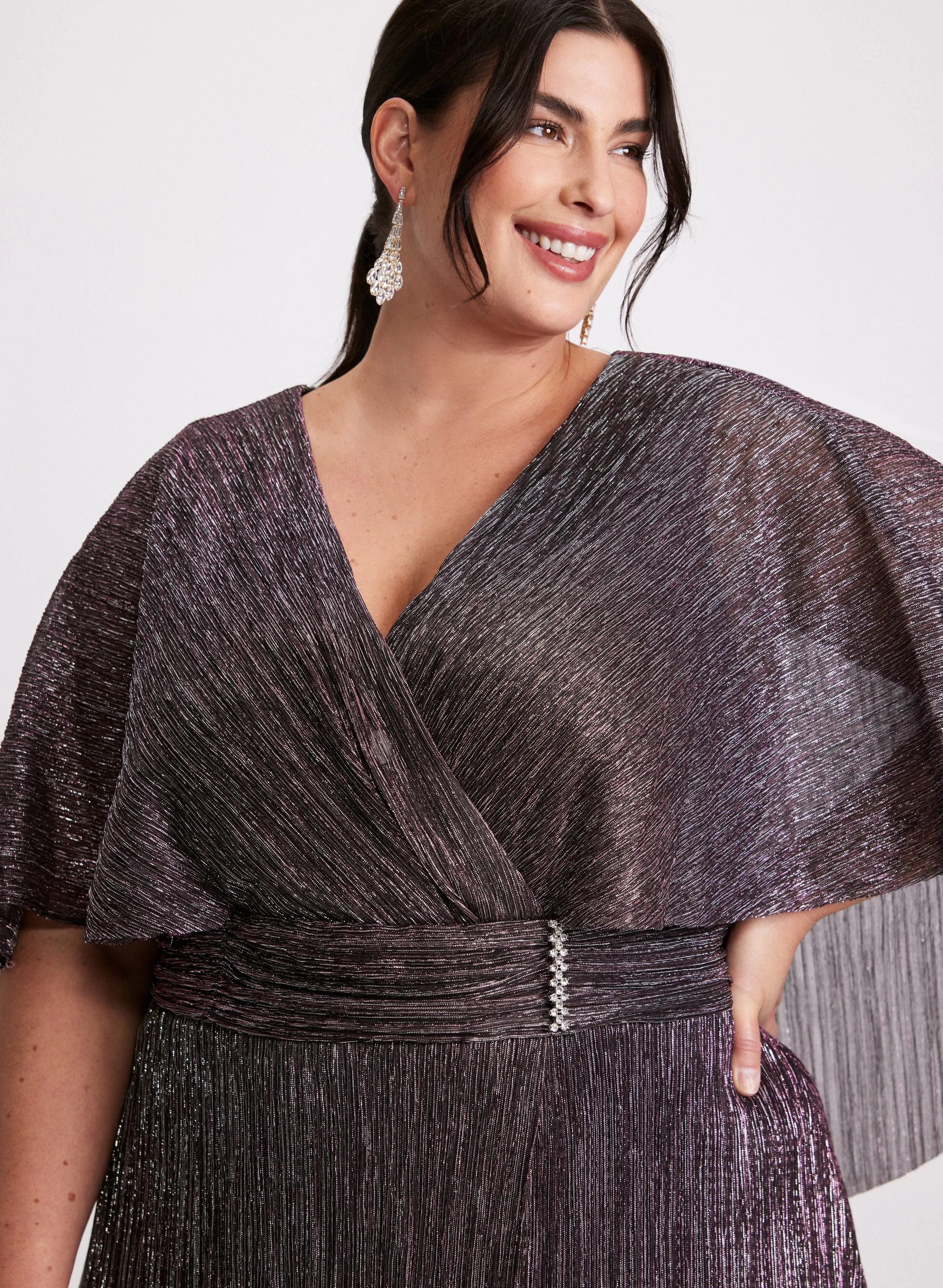 Metallic Cape Sleeve Plissé Dress