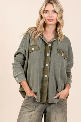 Mittoshop Olive Mineral Washed Plaid Button Down Shacket