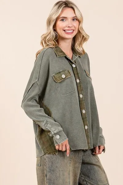 Mittoshop Olive Mineral Washed Plaid Button Down Shacket