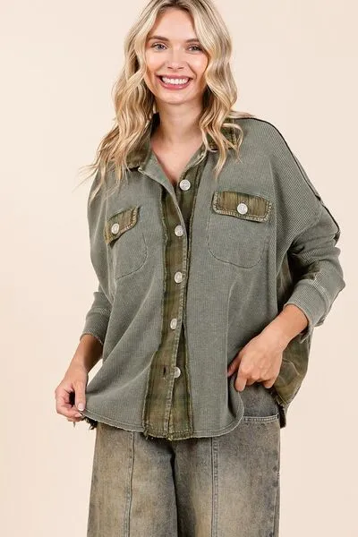 Mittoshop Olive Mineral Washed Plaid Button Down Shacket