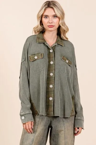 Mittoshop Olive Mineral Washed Plaid Button Down Shacket