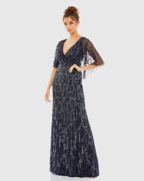 Navy Embellished Cap Sleeve Faux Wrap Trumpet Gown