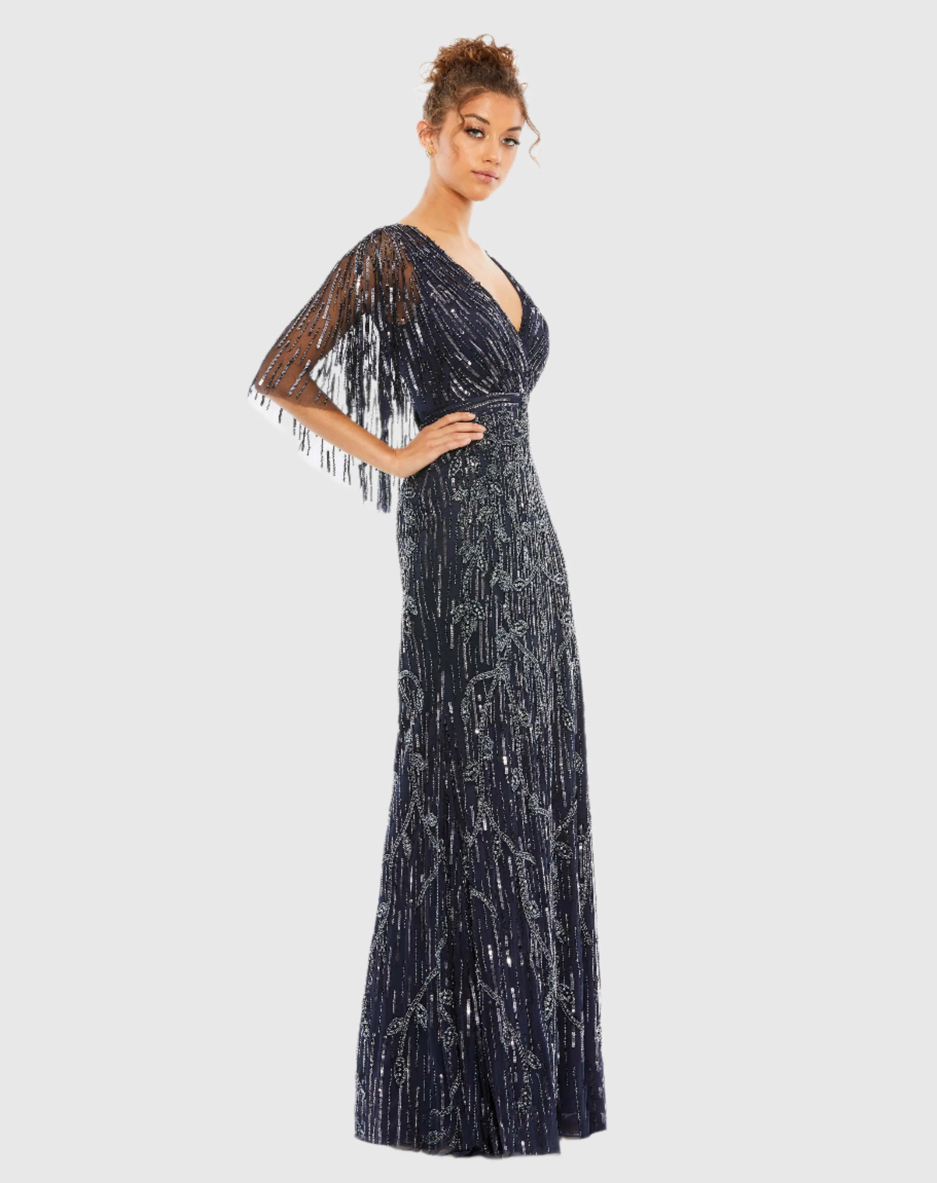 Navy Embellished Cap Sleeve Faux Wrap Trumpet Gown