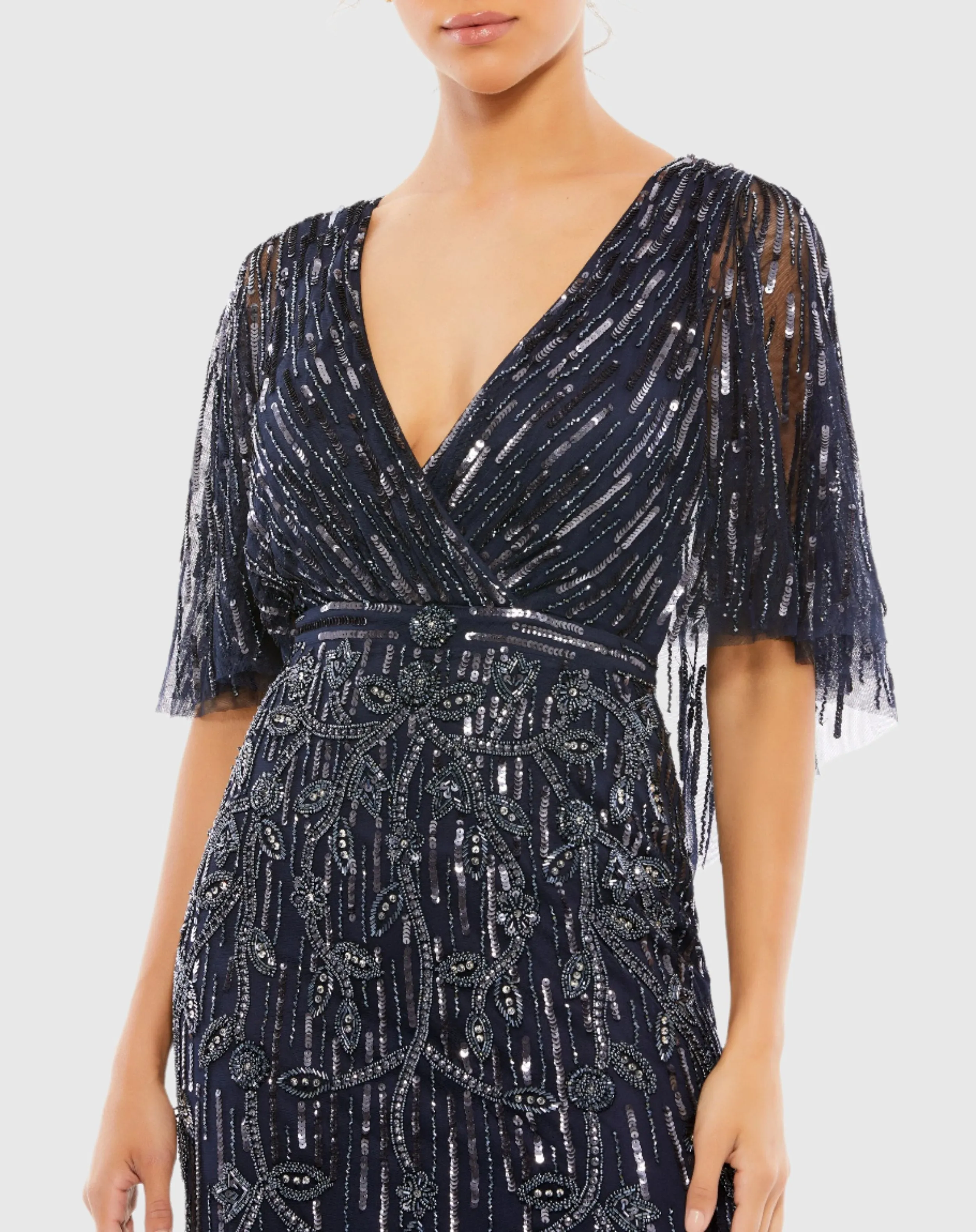 Navy Embellished Cap Sleeve Faux Wrap Trumpet Gown