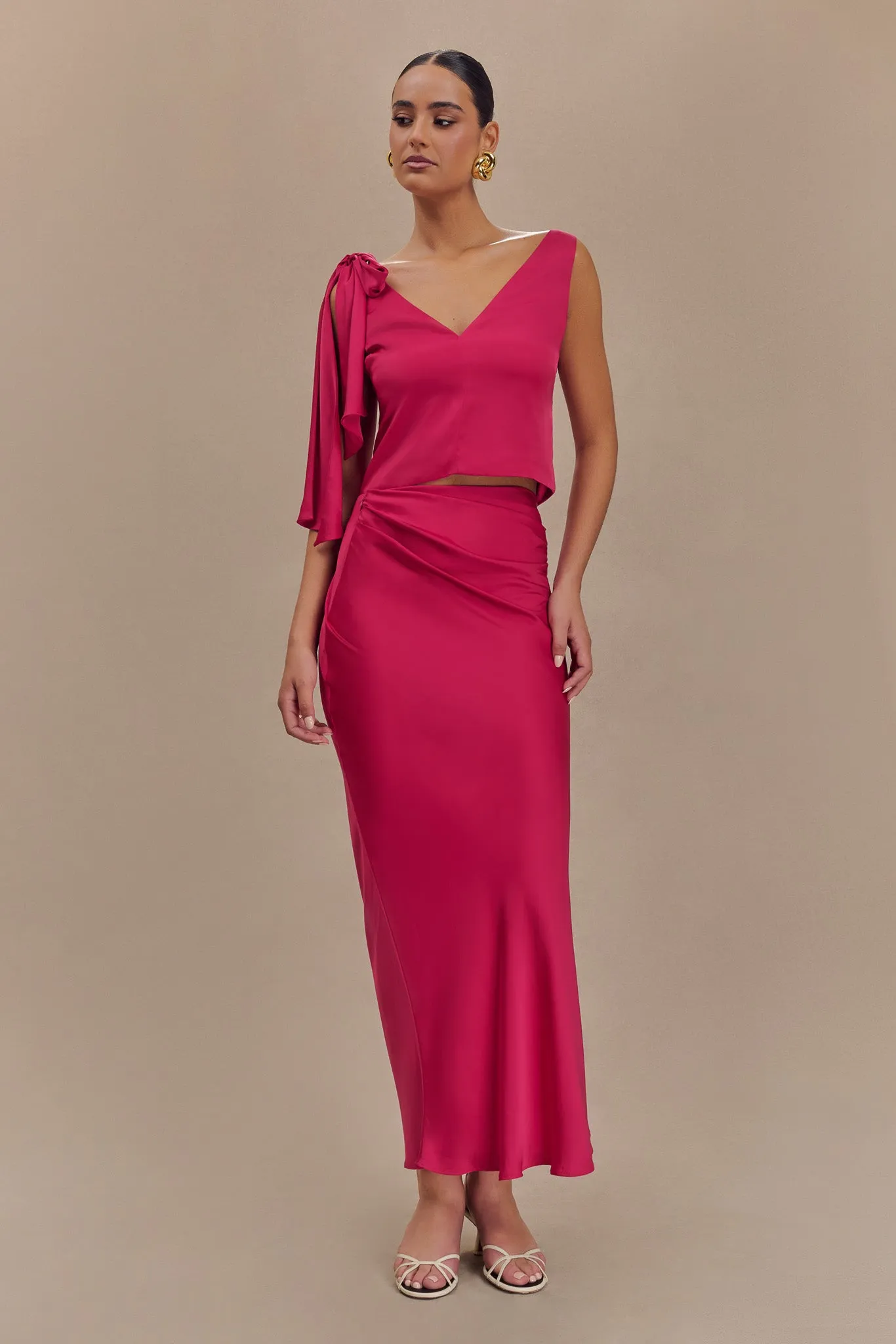 Nicola Satin Asymmetric Maxi Skirt - Pink Cherry