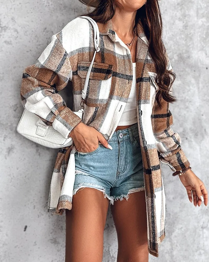 Plaid Pattern Drop Shoulder Long Sleeve Button Front Shacket