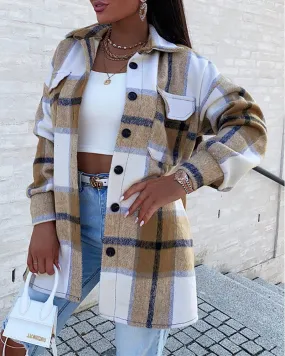 Plaid Pattern Drop Shoulder Long Sleeve Button Front Shacket