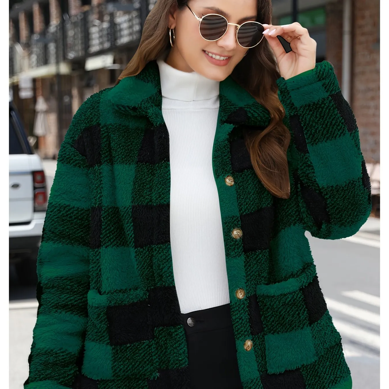 Plaid Print Patched Pockets Teddy Coat, Versatile Long Sleeve Single Breasted Winter Outwear, Women's Clothing