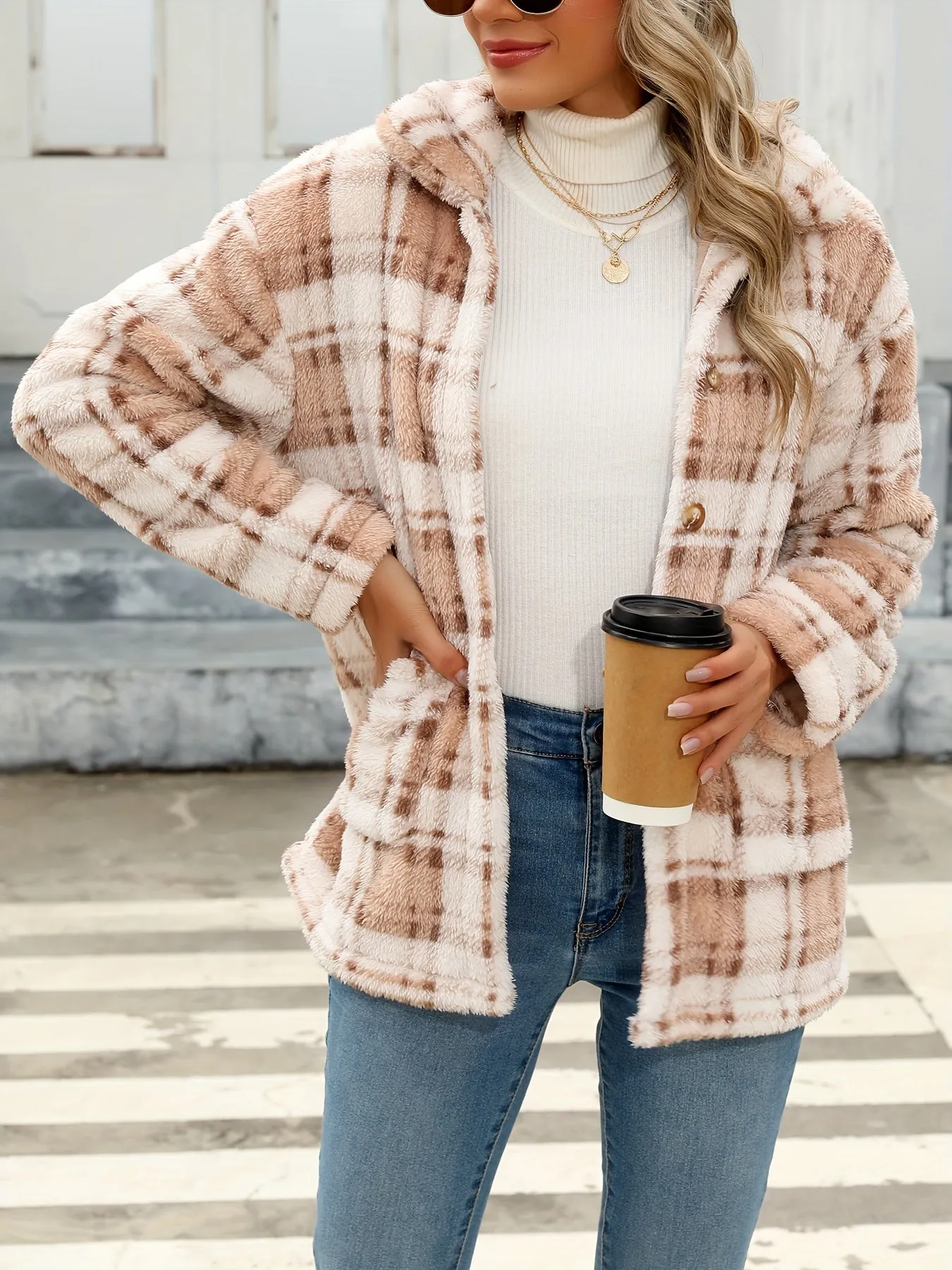 Plaid Print Patched Pockets Teddy Coat, Versatile Long Sleeve Single Breasted Winter Outwear, Women's Clothing