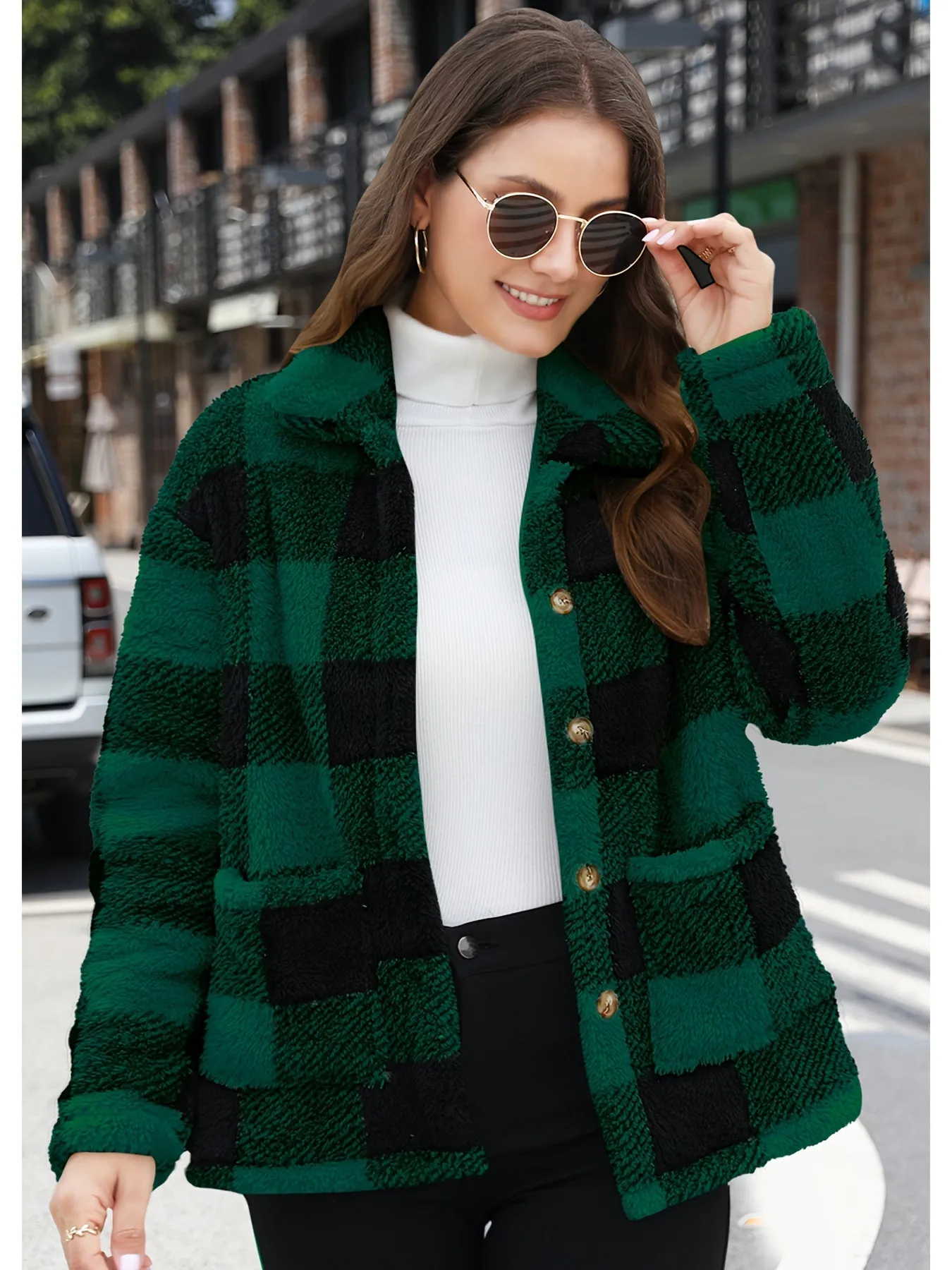 Plaid Print Patched Pockets Teddy Coat, Versatile Long Sleeve Single Breasted Winter Outwear, Women's Clothing