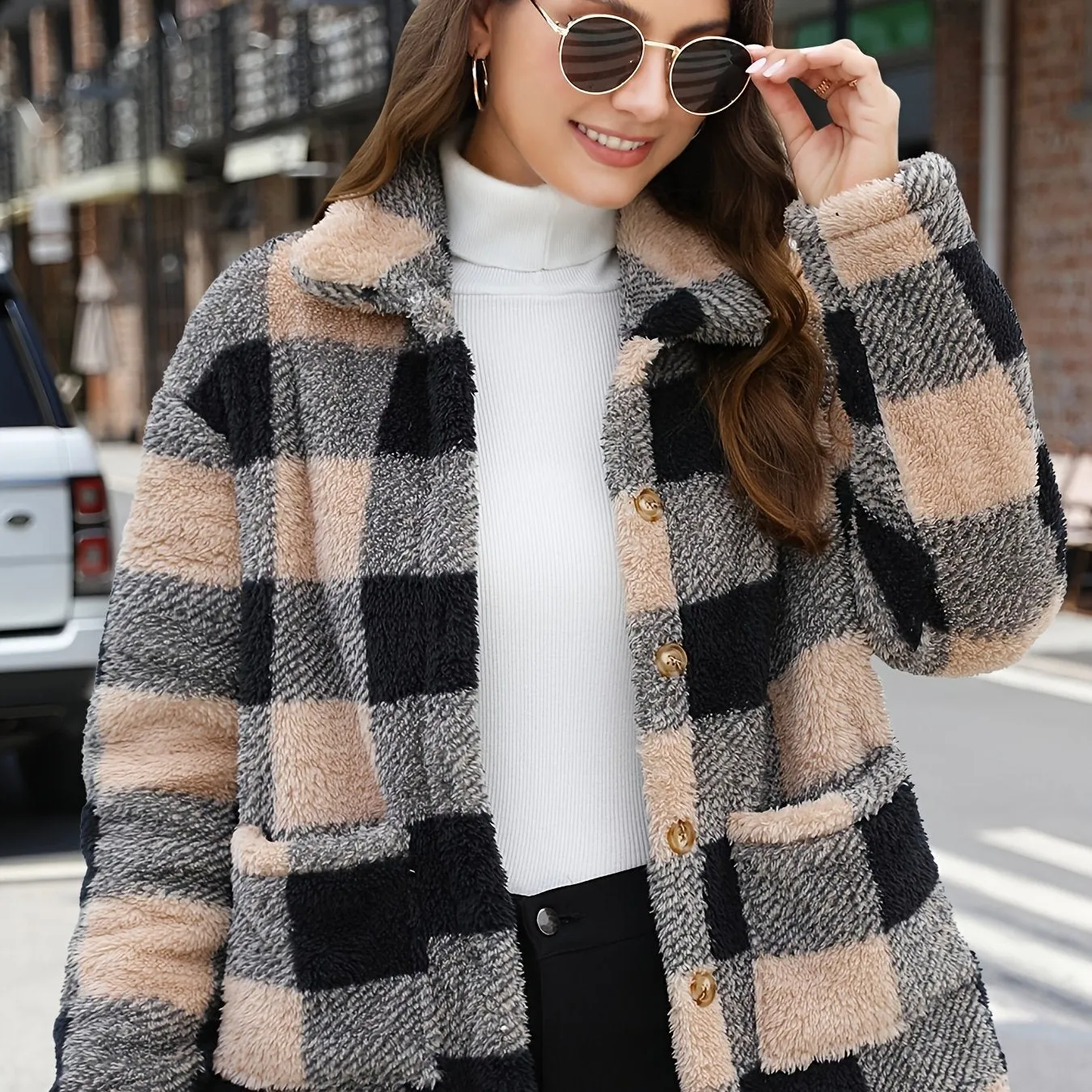 Plaid Print Patched Pockets Teddy Coat, Versatile Long Sleeve Single Breasted Winter Outwear, Women's Clothing