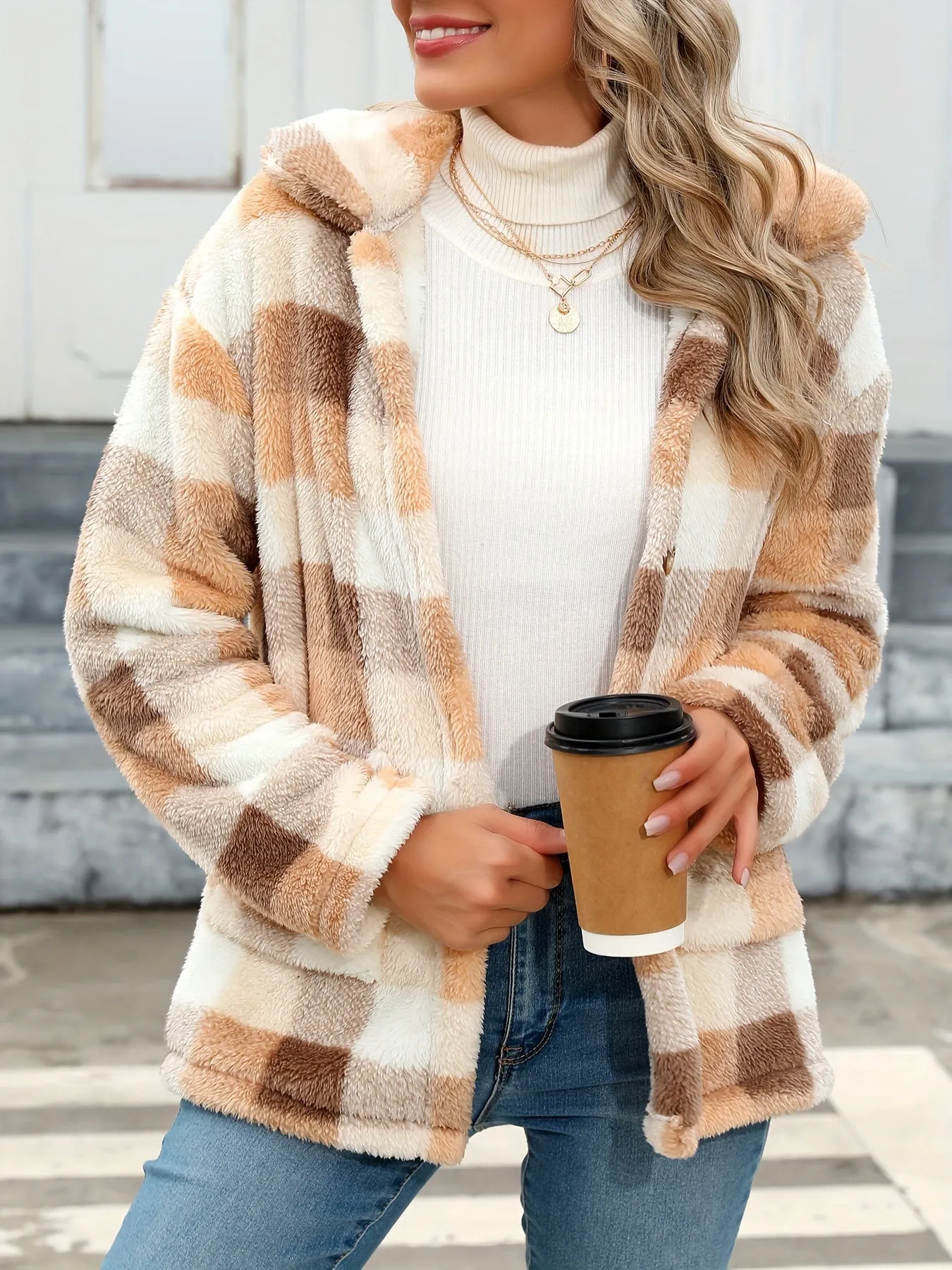 Plaid Print Patched Pockets Teddy Coat, Versatile Long Sleeve Single Breasted Winter Outwear, Women's Clothing