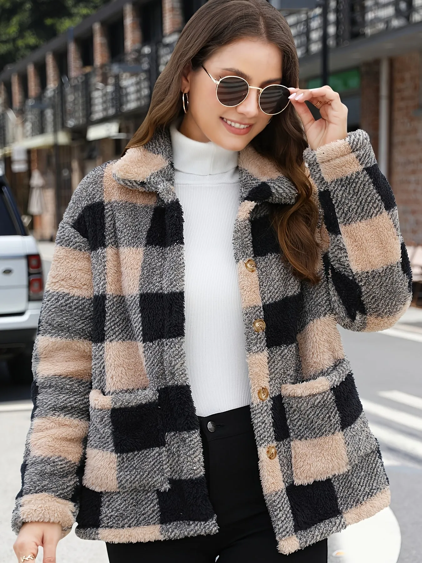 Plaid Print Patched Pockets Teddy Coat, Versatile Long Sleeve Single Breasted Winter Outwear, Women's Clothing