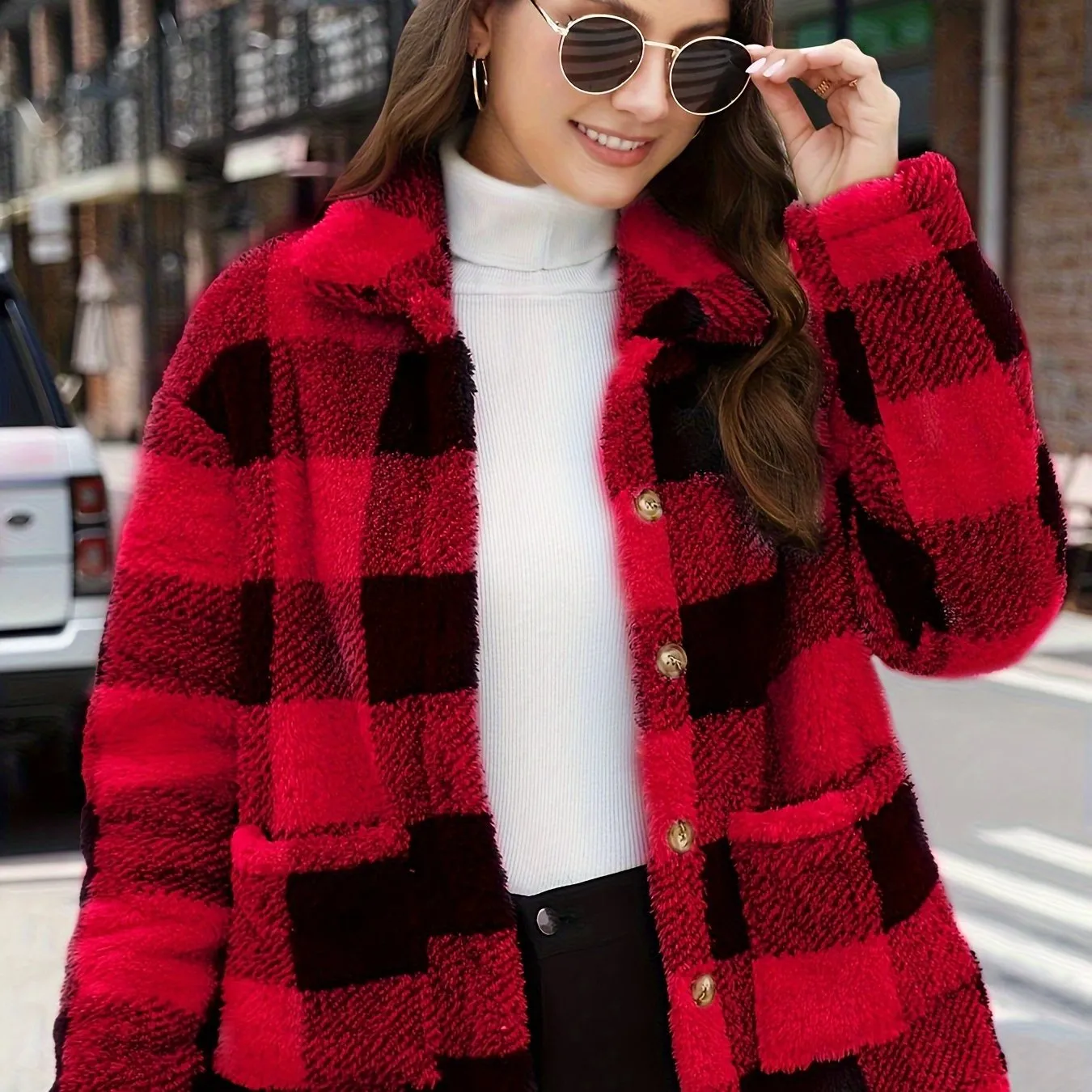 Plaid Print Patched Pockets Teddy Coat, Versatile Long Sleeve Single Breasted Winter Outwear, Women's Clothing