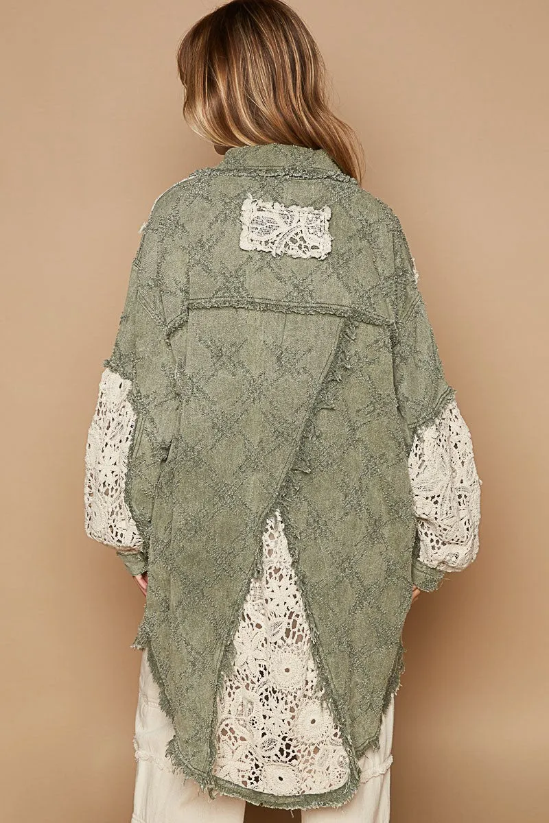 POL OVERSIZED Twill Shacket with Crochet Patches in Olive Multi