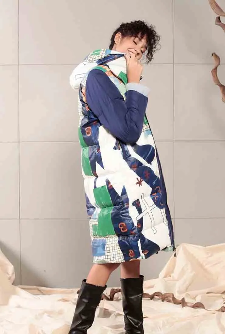 Printed Mid-length White Duck Down Hooded Coat