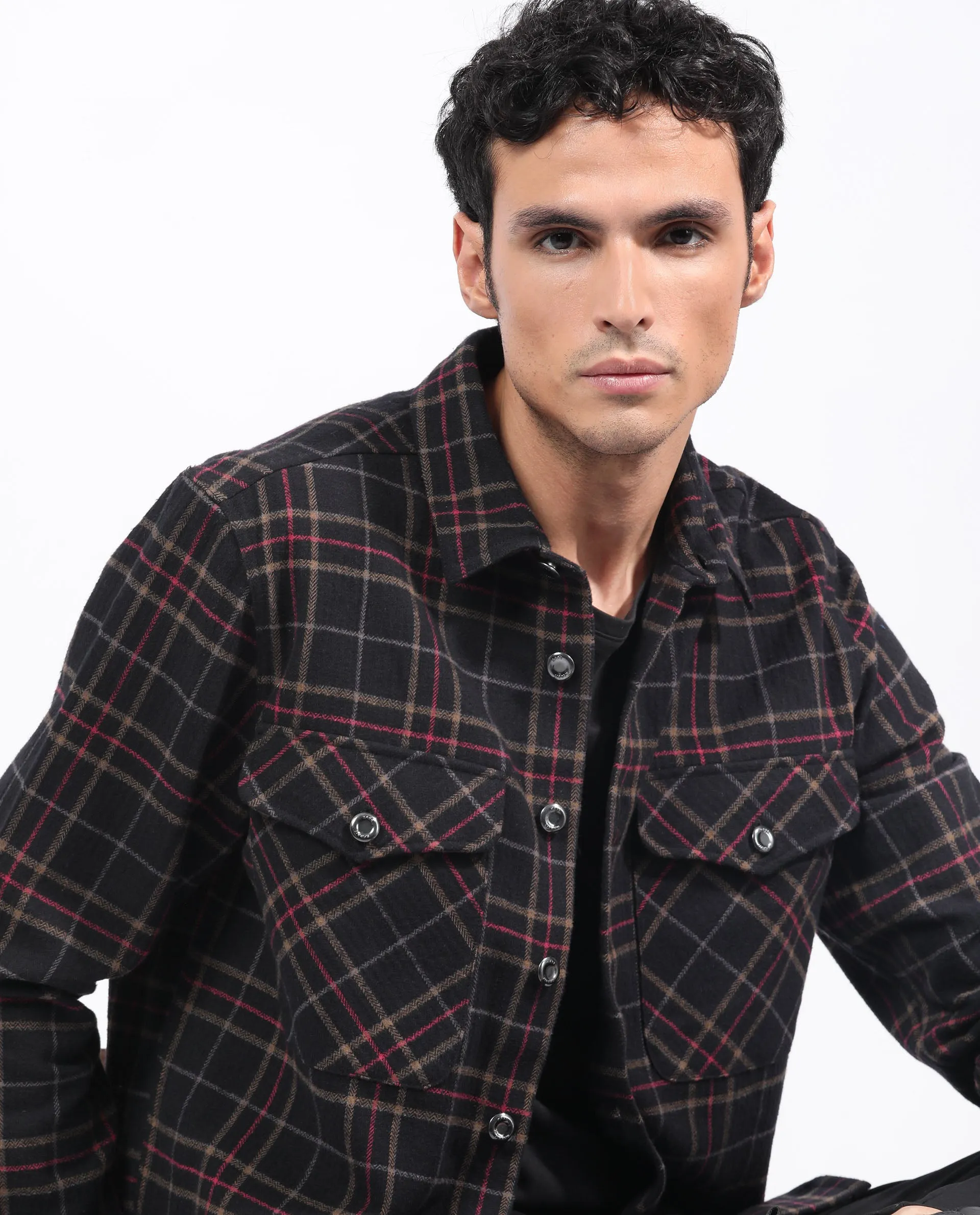 Rare Rabbit Men's Roche Black Cotton Polyester Fabric Full Sleeve Button Closure Twill Checks Shacket