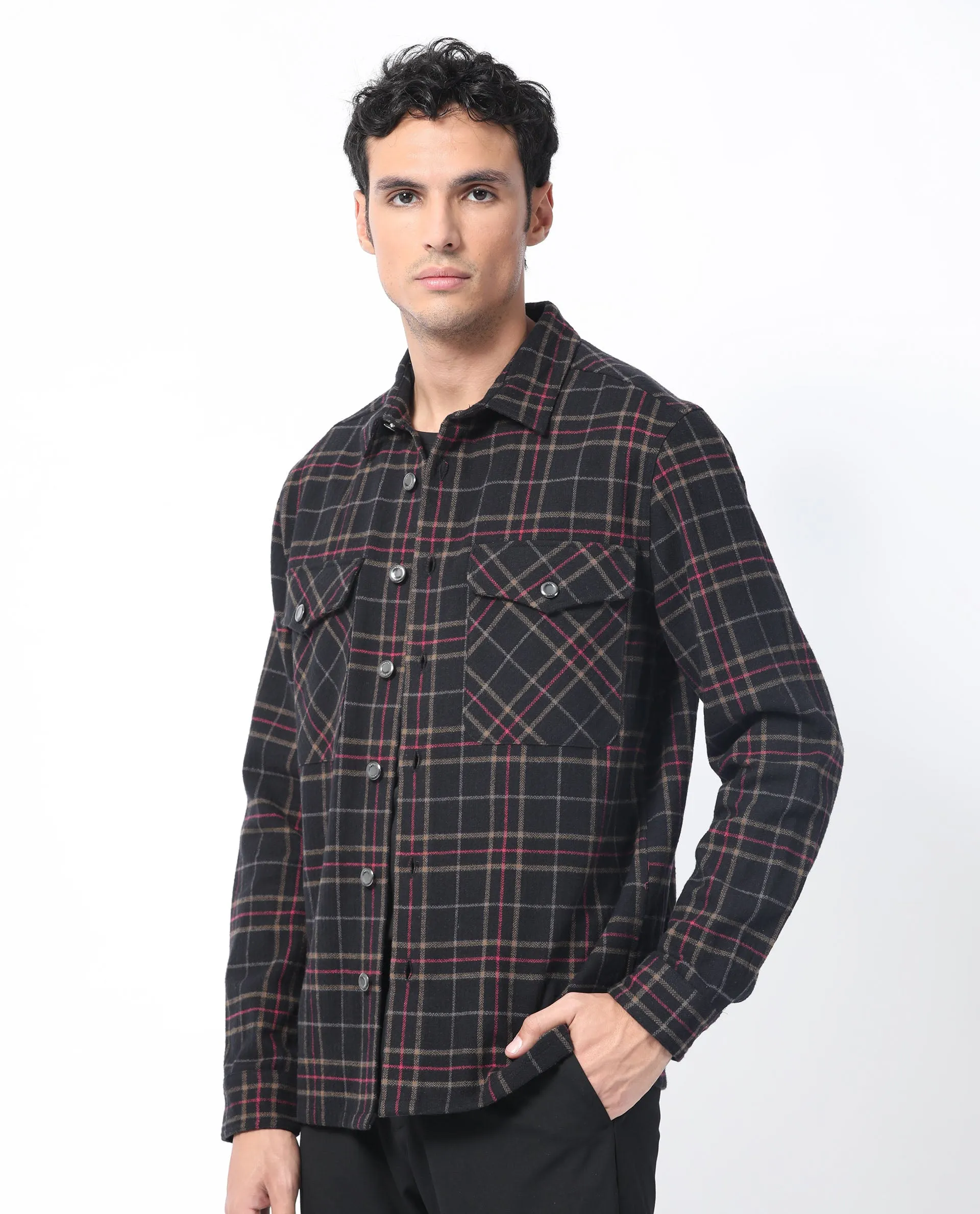 Rare Rabbit Men's Roche Black Cotton Polyester Fabric Full Sleeve Button Closure Twill Checks Shacket