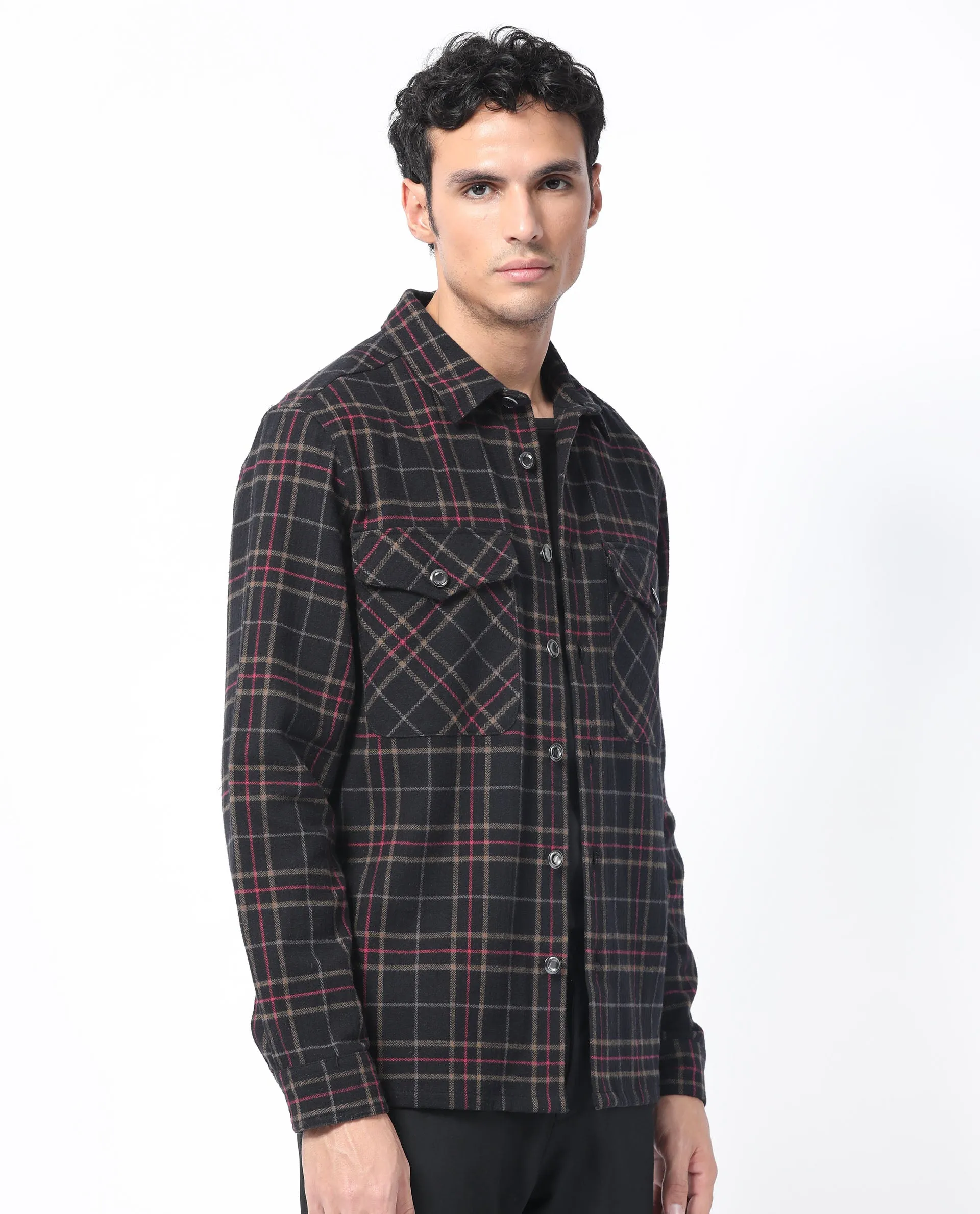 Rare Rabbit Men's Roche Black Cotton Polyester Fabric Full Sleeve Button Closure Twill Checks Shacket