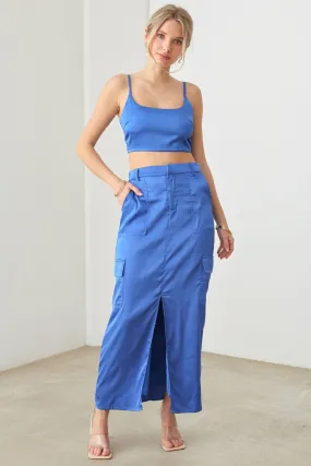 Satin Bra Top Scoop Neck Crop Top & Cargo Maxi Skirt Set