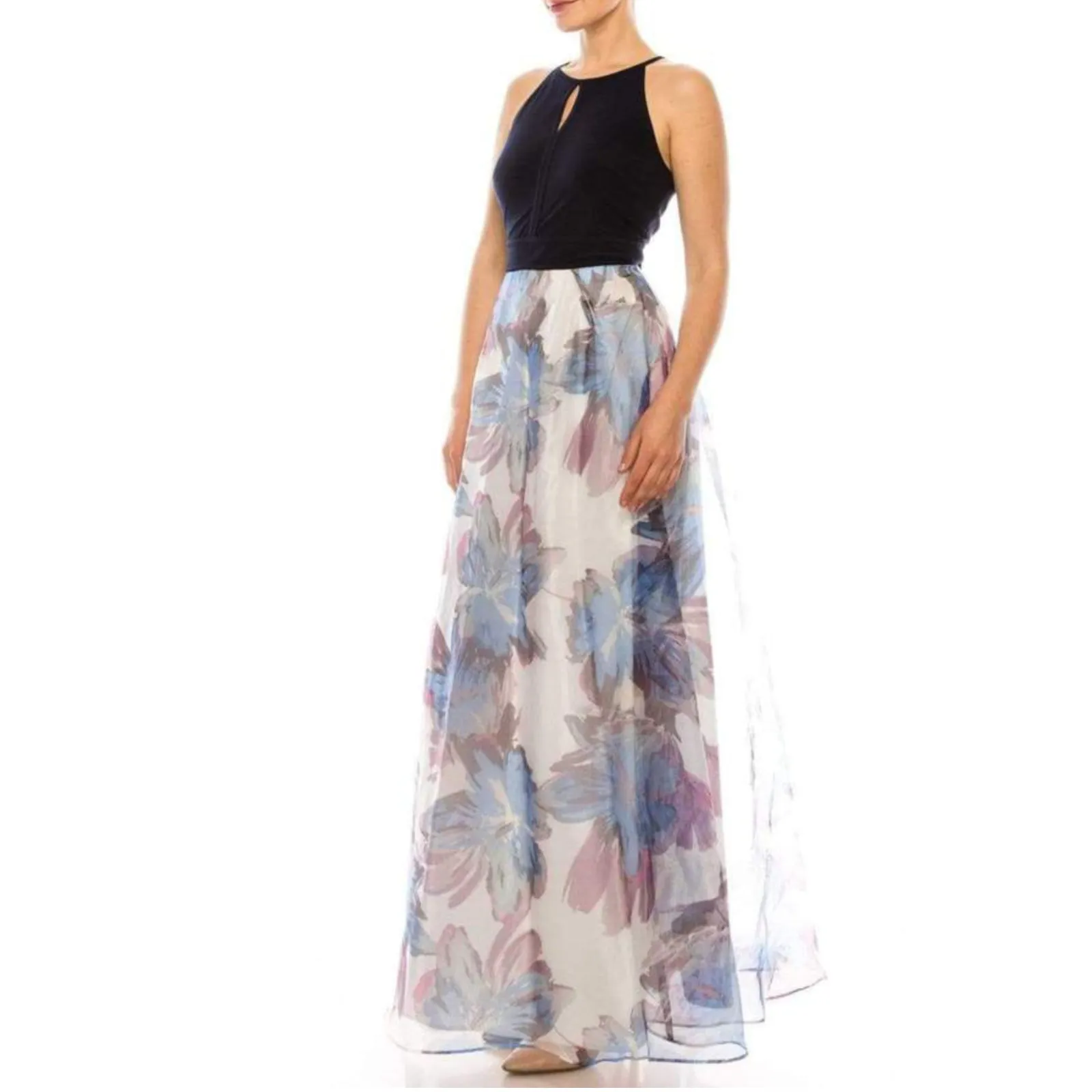 SL FASHIONS Women's Floral Print Keyhole Top Organza Skirt Gown Maxi Dress