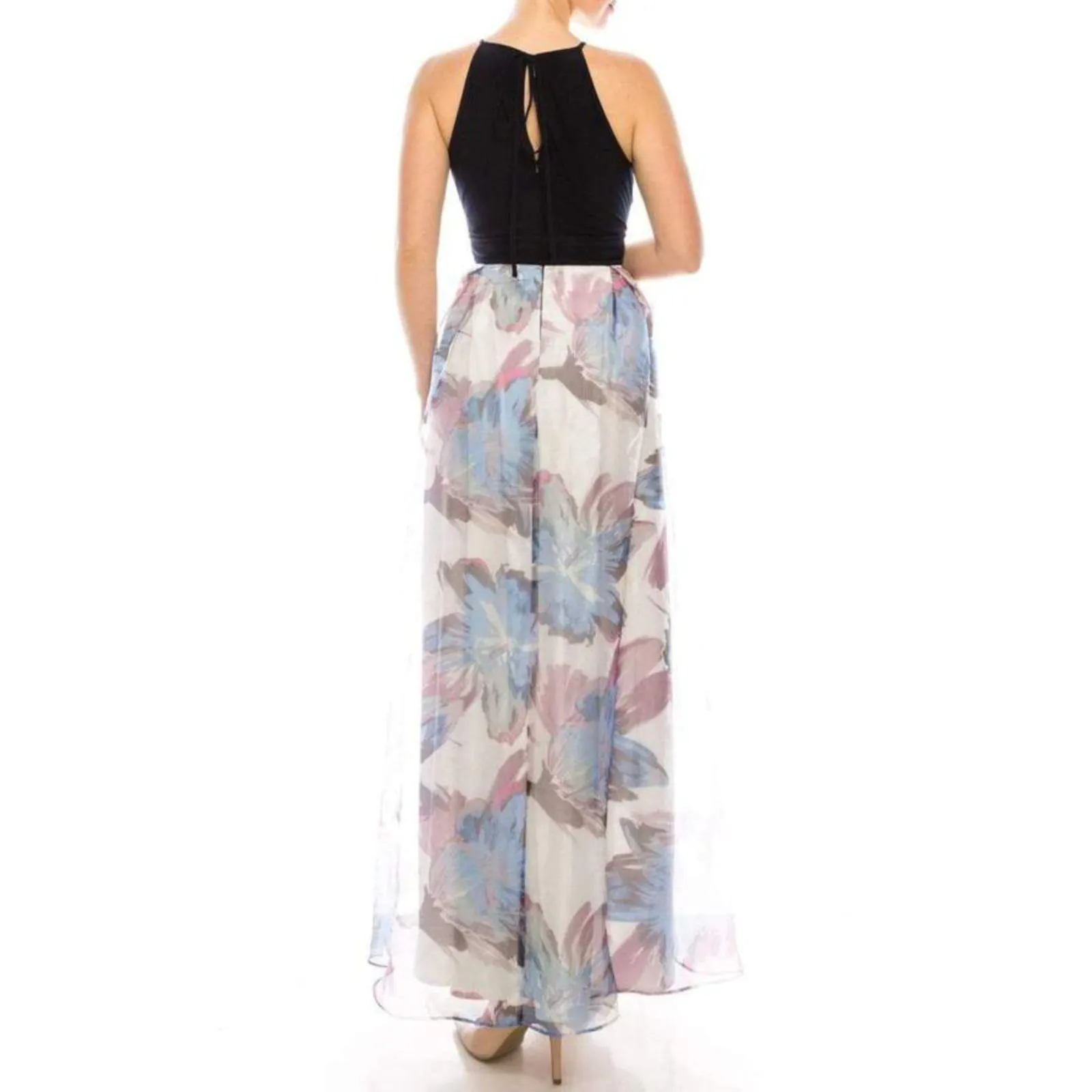 SL FASHIONS Women's Floral Print Keyhole Top Organza Skirt Gown Maxi Dress