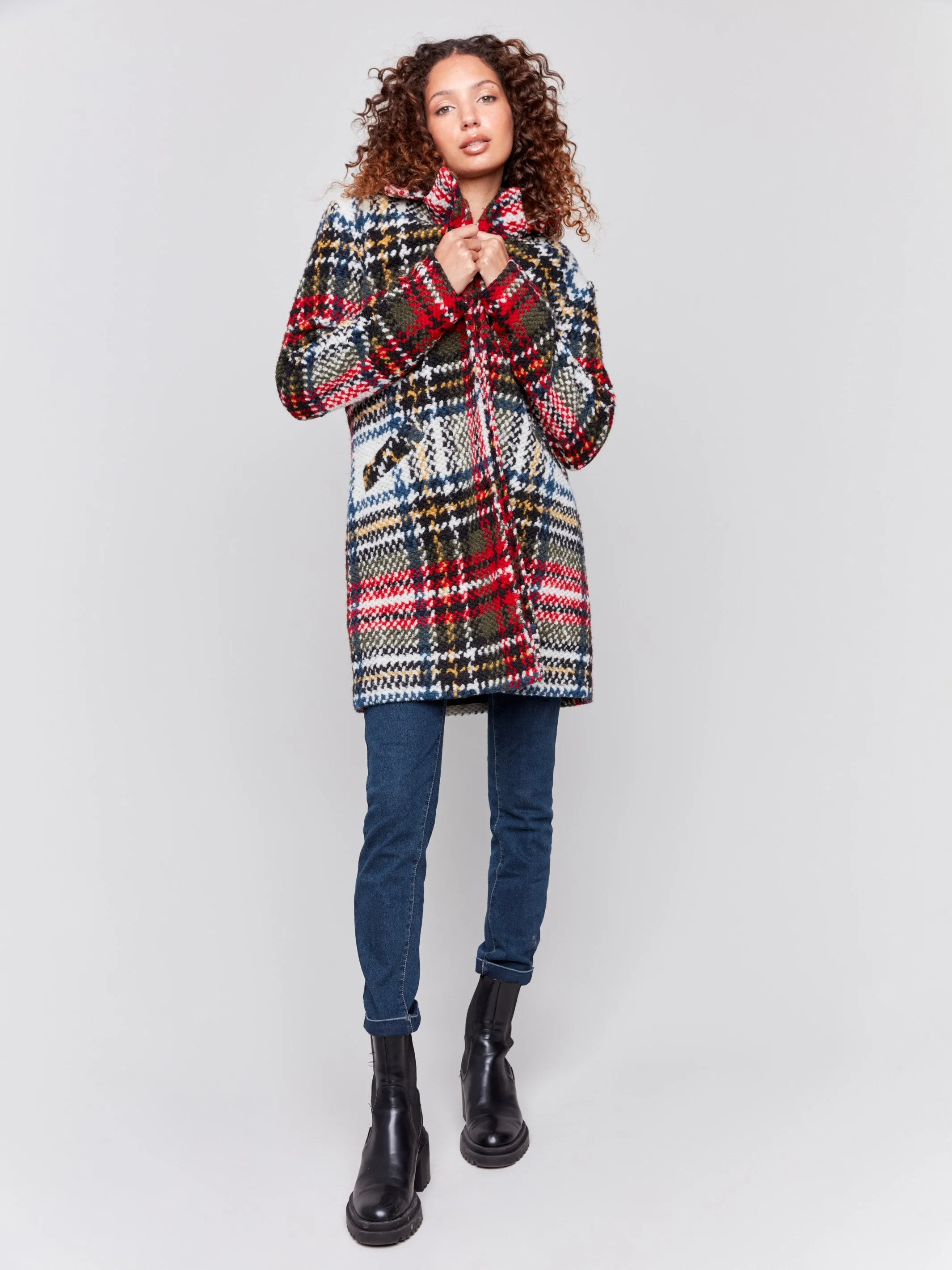 Straight Cut Plaid Bouclé Knit Coat - Cranberry