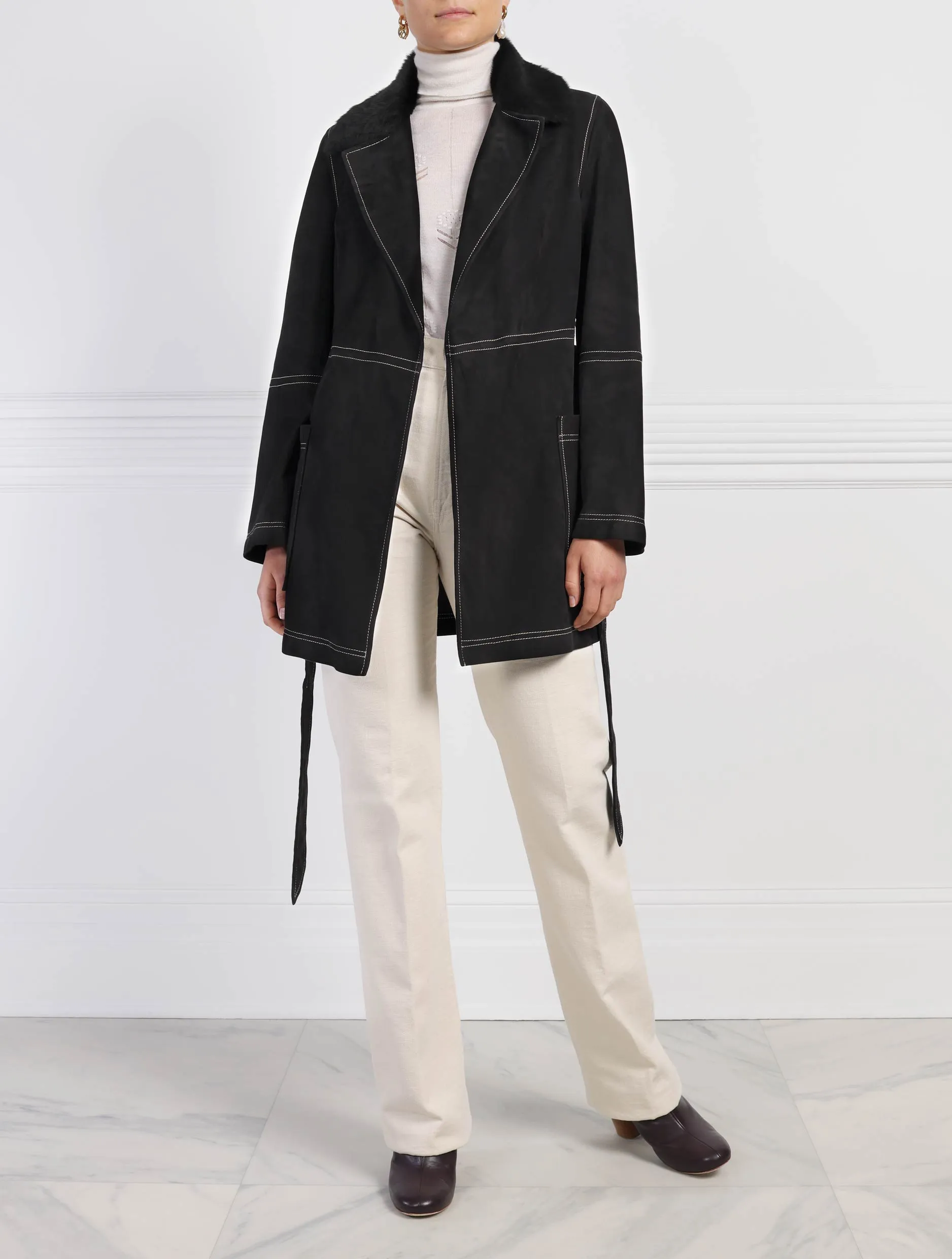 The Natasha Belted Suede Coat with Shearling Collar