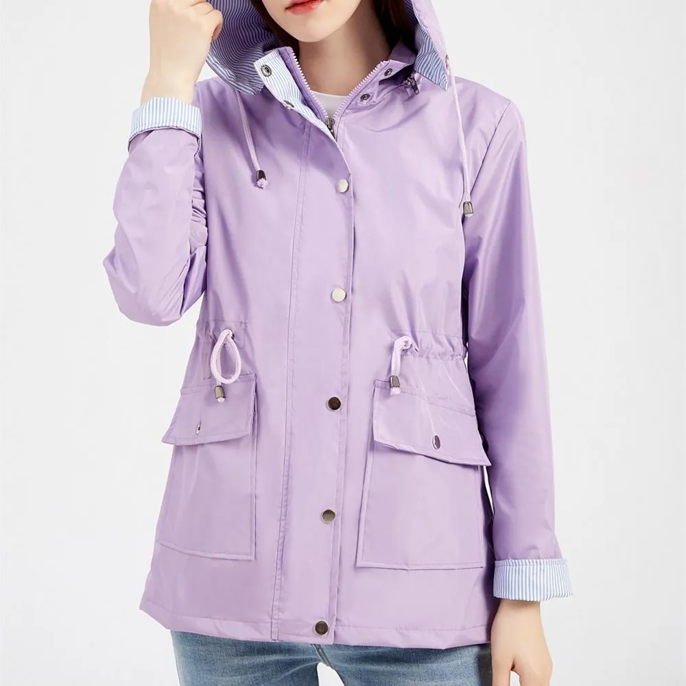 Women hoodie zip up buttons long sleeve trench coat