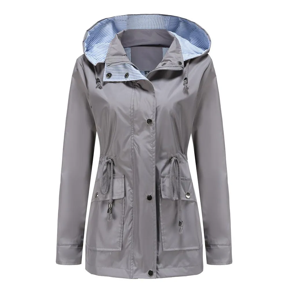 Women hoodie zip up buttons long sleeve trench coat