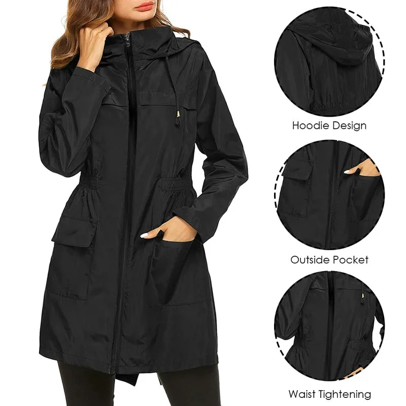 Women Windproof Long Hooded Jackets