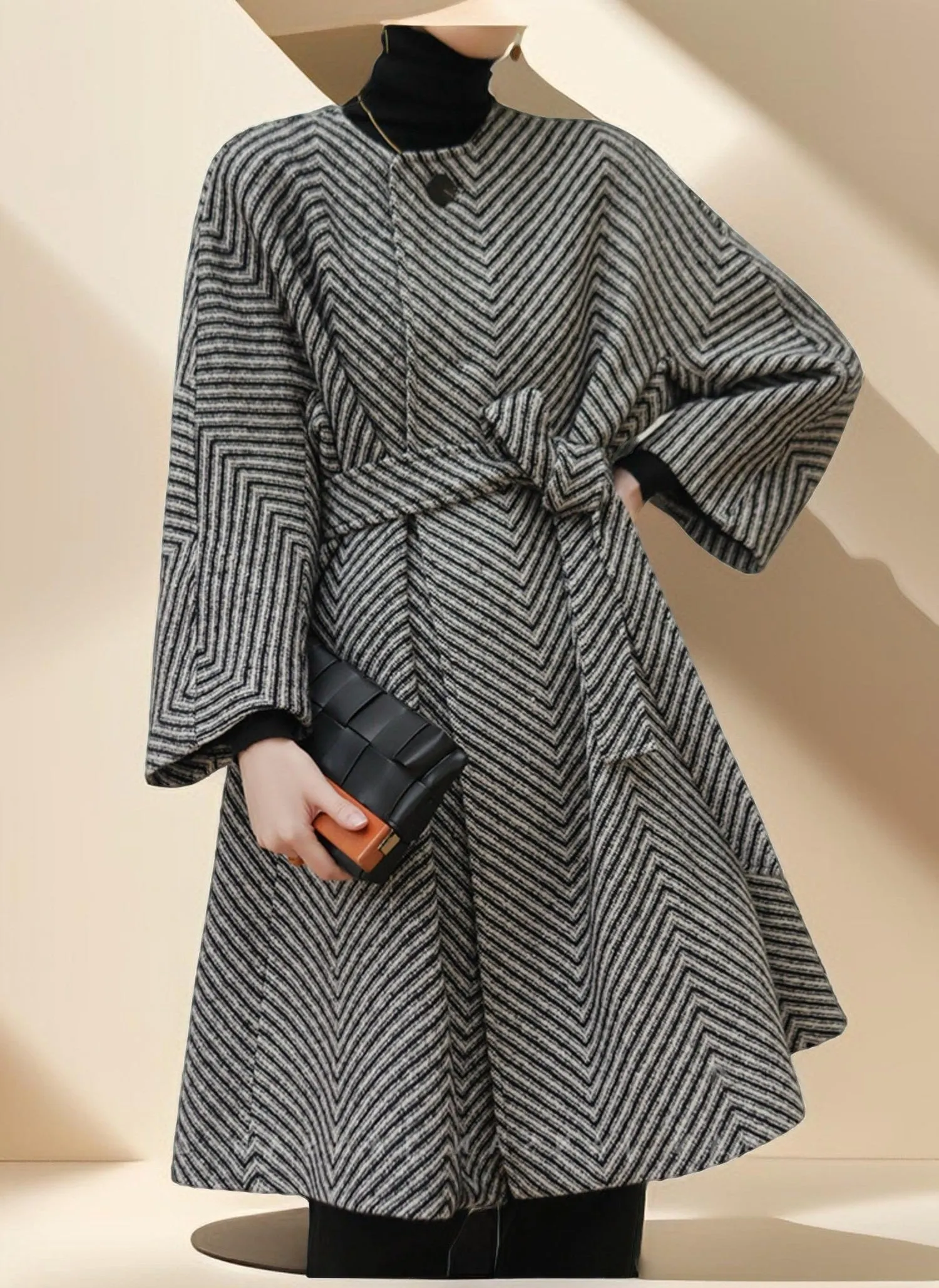 Women's Black and White Zig Zag  Wool Coat