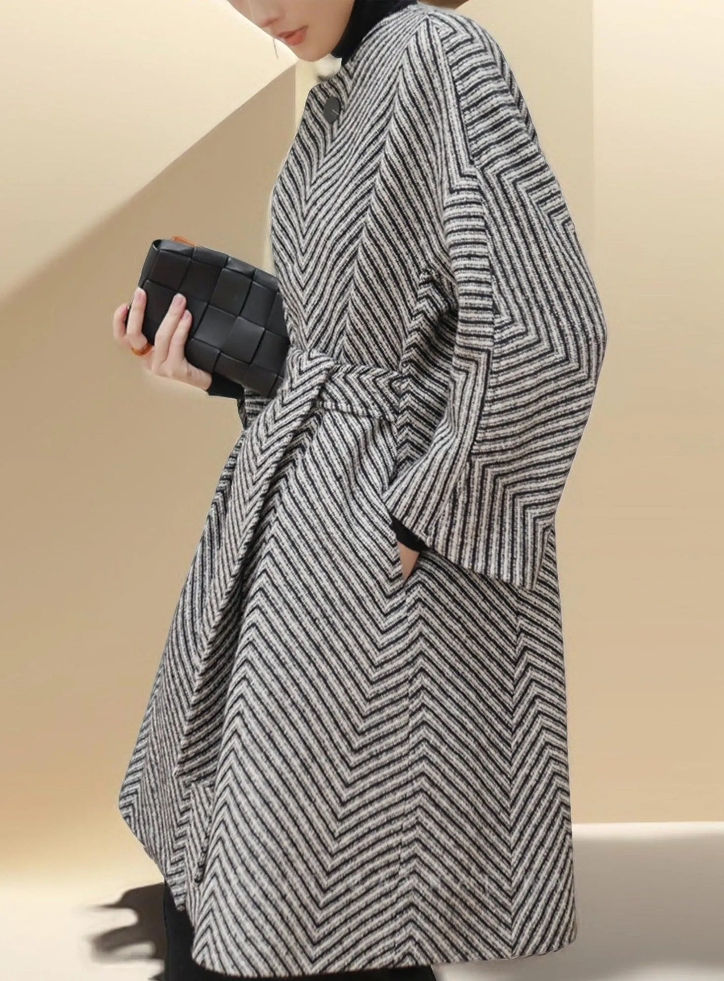 Women's Black and White Zig Zag  Wool Coat