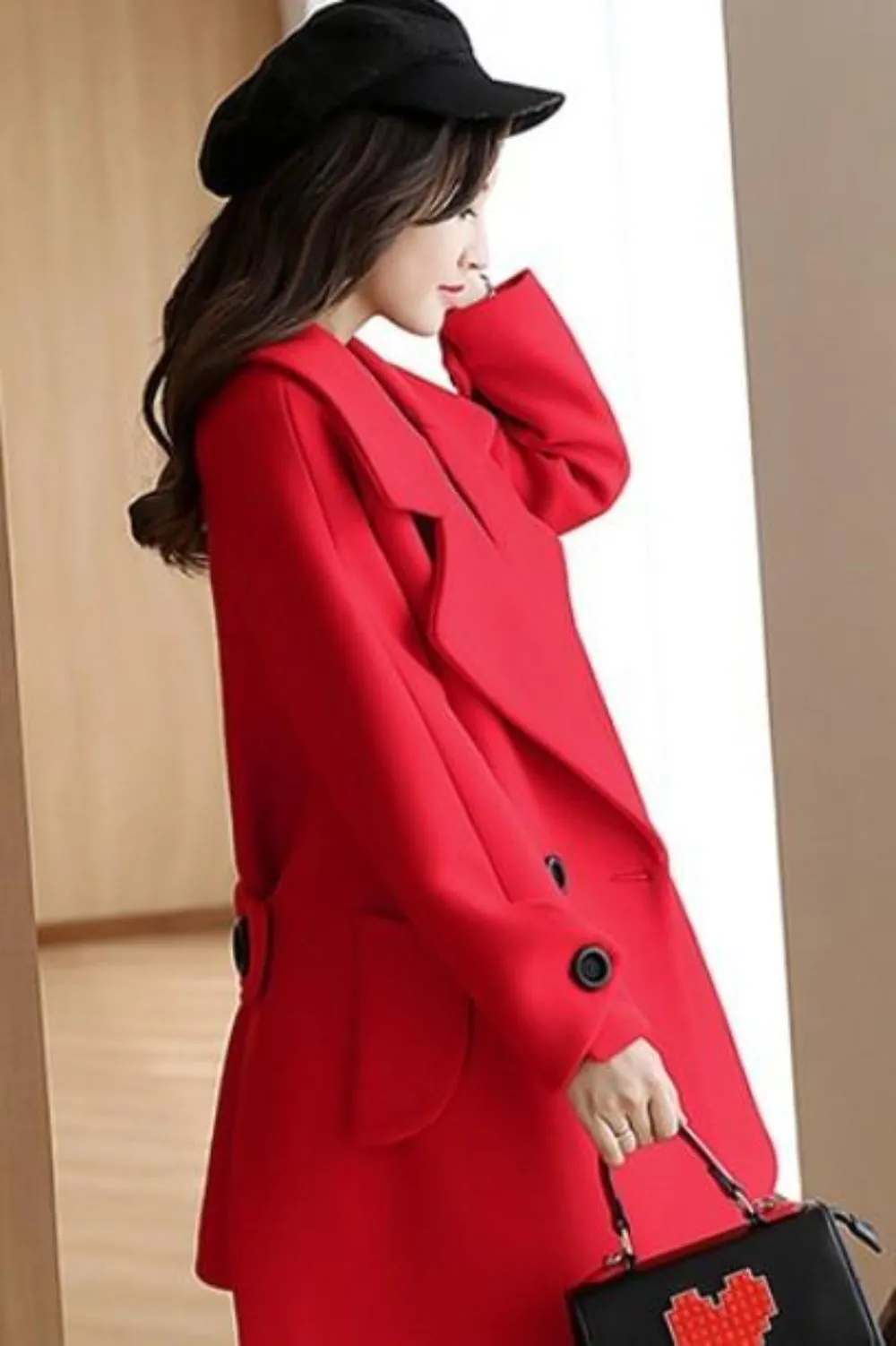 Womens Double Breasted Peacoat in Red