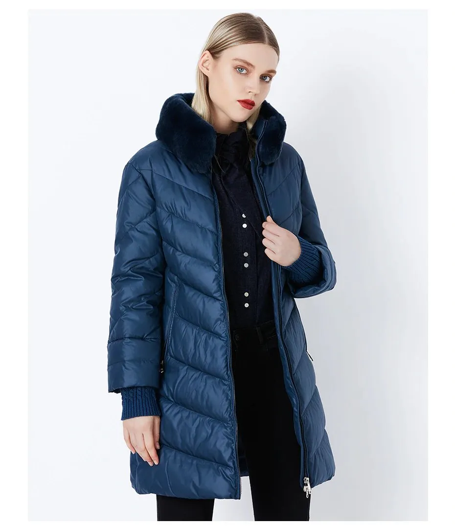 Women's Winter Windproof Thick Down Coat With Rabbit Fur Collar