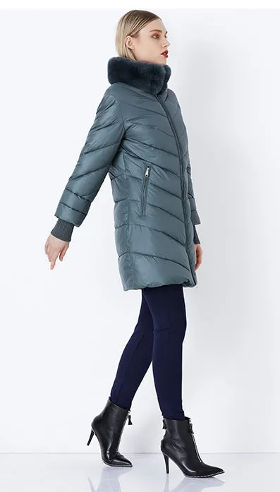 Women's Winter Windproof Thick Down Coat With Rabbit Fur Collar