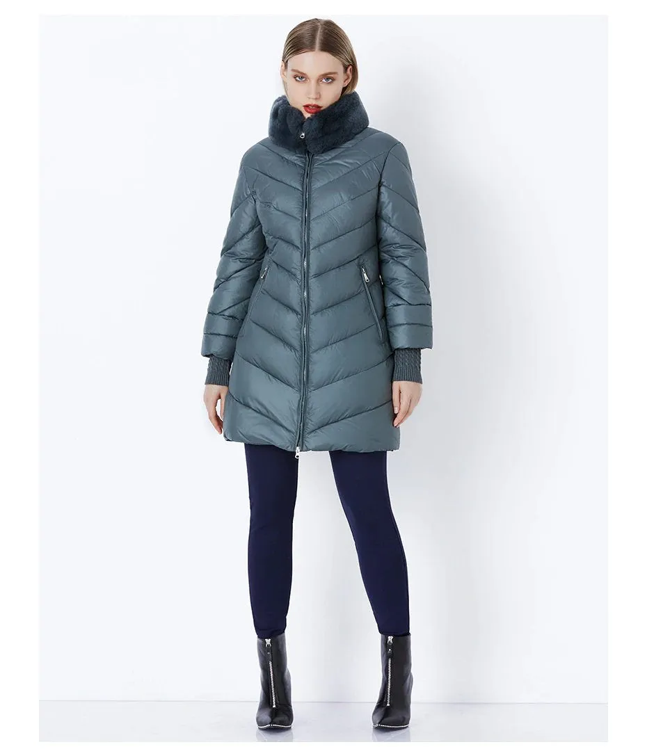 Women's Winter Windproof Thick Down Coat With Rabbit Fur Collar