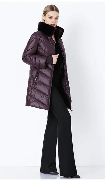 Women's Winter Windproof Thick Down Coat With Rabbit Fur Collar