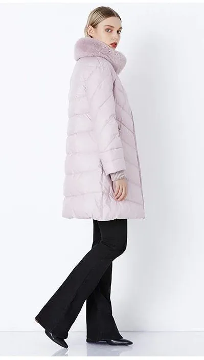 Women's Winter Windproof Thick Down Coat With Rabbit Fur Collar