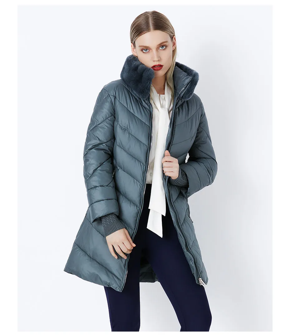 Women's Winter Windproof Thick Down Coat With Rabbit Fur Collar