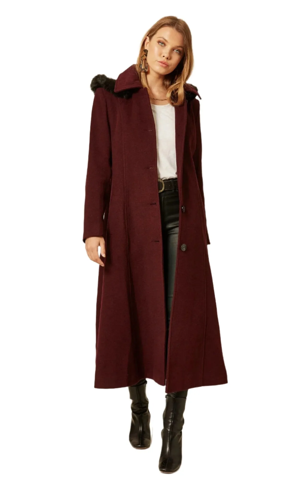 Wool Blend Faux Fur Trim Hooded Long Coat