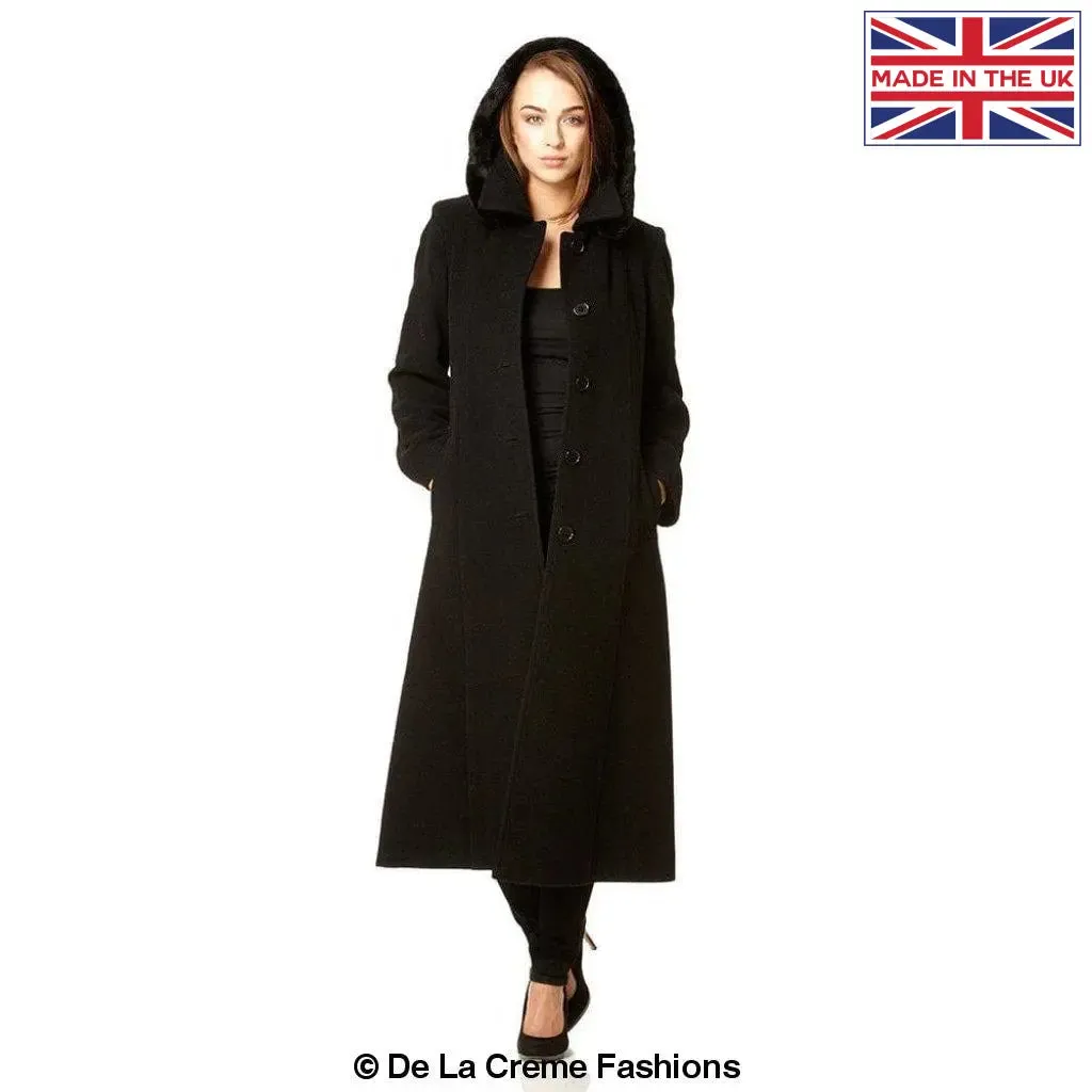 Wool Blend Faux Fur Trim Hooded Long Coat