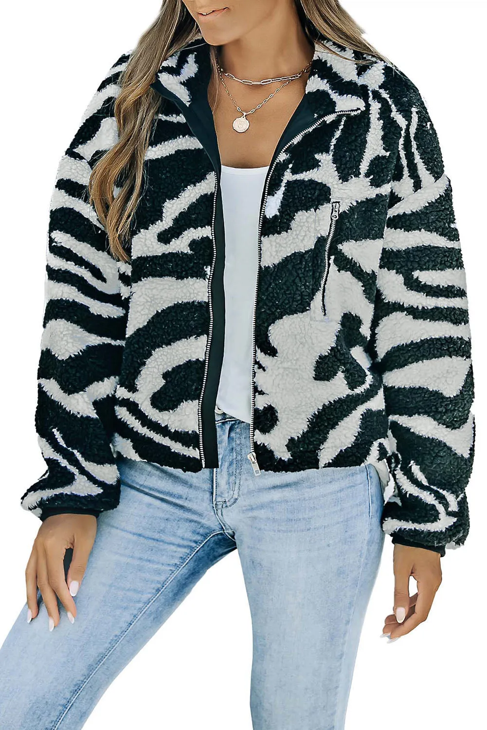 Zebra Teddy Zip-up Black High Neck Jacket