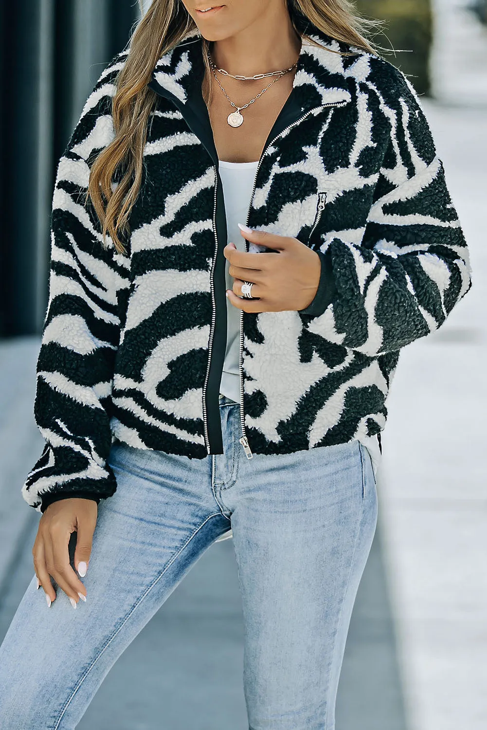 Zebra Teddy Zip-up Black High Neck Jacket