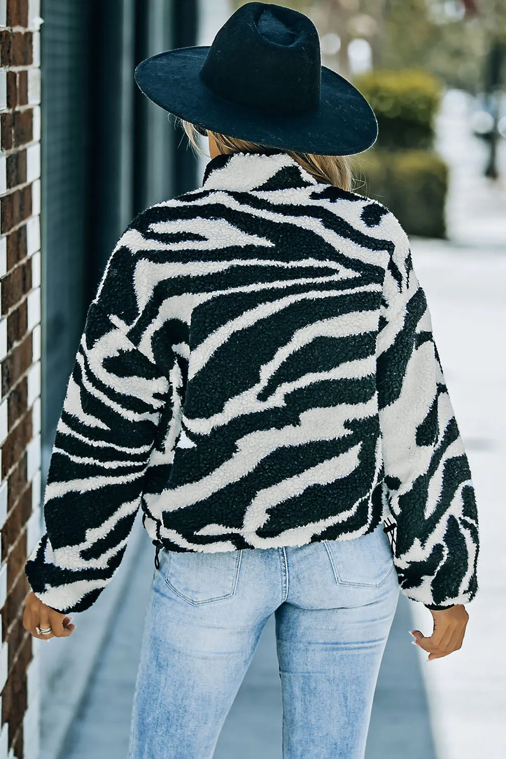 Zebra Teddy Zip-up Black High Neck Jacket