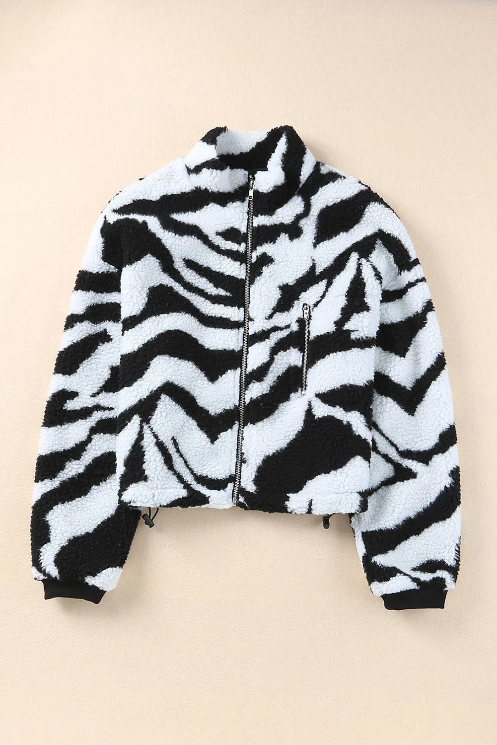 Zebra Teddy Zip-up Black High Neck Jacket